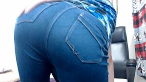 Shemale in tight jeans strokes that juicy big cock wildly!