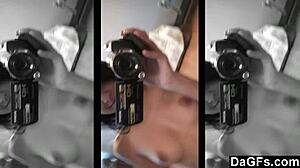 Watch Me Closely in Mirror with Shaved Brunette Teen Groping Small Tits and Piercing