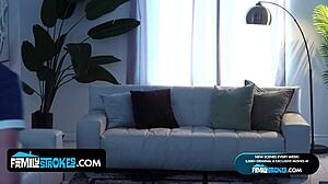 Stepdaughter teases stepdad with dripping pussy before cheating sex in European kitchen.