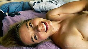 hot blonde samantha flair contrasts stepdad's double cumshot with her big tits