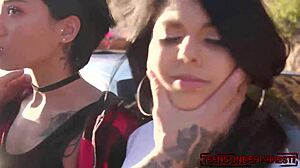 Young stunners get cuffed by police officer in office before riding big cock in rough cowgirl threesome outdoors