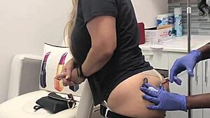 casual narrative of blonde client with butt tattoo getting spa injection in session 2