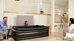 Naughty Big Tit Brunette Masseuse Films Herself Giving Wet Naked Nuru Massage to Seth Gamble and Gal Ritchie