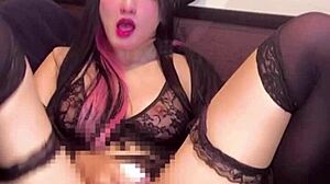 Cute Japanese crossdresser masturbates on live stream