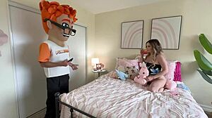 Aspen woods blowjob punishes stepbros peepin with cumshot on shaved tits