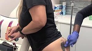 casual narrative of blonde client with butt tattoo getting spa injection in session 2