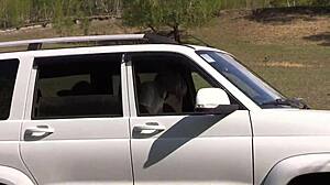 Lesbians Use Strapon for Intimate Car Encounter with Big Ass and Hairy Details in Pov