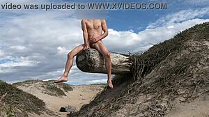 Nude posing leads to cock teasing at public beach with athletic fitness babe cumming in plaza