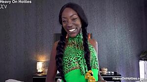 Oiled up ebony babe eats cum after hardcore anal ass to mouth deepthroat and doggystyle riding!