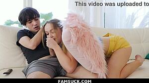 Hey Nikole Nash spots her stepbrother jerking off and jumps in with a wild handjob plus deepthroat action