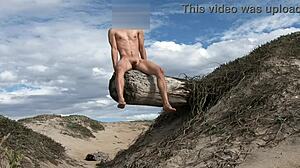 Nude posing leads to cock teasing at public beach with athletic fitness babe cumming in plaza