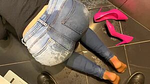 desperate pee in my jeans then he pees on my ass and i give him a blowjob too