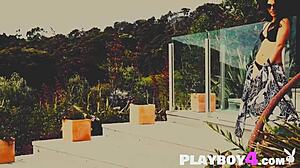 All natural MILF EXPOSED sexy NAKED body after hot STRIPTEASE for Playboy, revealing her petite model figure outdoors