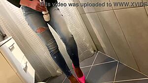desperate pee in my jeans then he pees on my ass and i give him a blowjob too