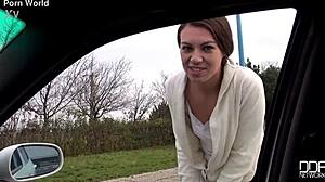 European Hitchhiker with Small Tits and Narrow Ass Gets Cum in French Jeans POV
