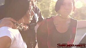 Young stunners get cuffed by police officer in office before riding big cock in rough cowgirl threesome outdoors