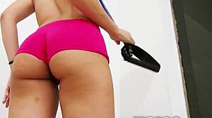 Teen sucks cock rough during workout with old guy in pov style