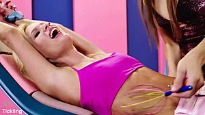 Beautiful blonde model candee licious giggles through feet tickling challenge with talia mint