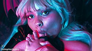 Morrigan stuffs latex pantyhose with substance for intense foot fetish play