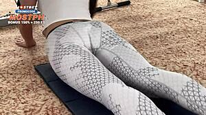 Athletic Girl Takes Double Penetration into Tight Pussy with Big Cock after Workout Cum Covered in Mouth with Moaning Leggings Action