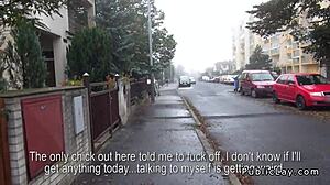 Euro amateur picked up in public contrasts outdoor tease with indoor fucking by big cock.