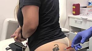 casual narrative of blonde client with butt tattoo getting spa injection in session 2