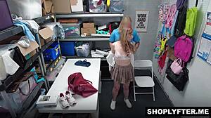 Shoplifter Winter Flynn bends over the desk in the office, feeling the officer's fingers sliding deeper into her pussy during the intense search.