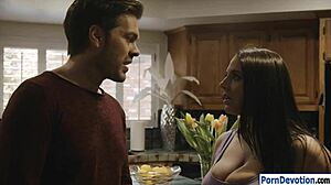 huge knockers on angela white contrast with her shaved pussy getting deepthroated and titty fucked by monster cock in garage.