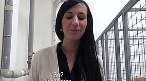 Euro amateur picked up in public contrasts outdoor tease with indoor fucking by big cock.