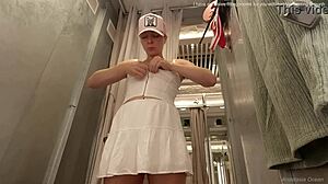 sexy try on haul in mall fitting room with big ass natural tits flashing naked in changing room