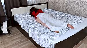 Big mature woman takes man in her bed for hardcore blowjob and anal with big natural tits.