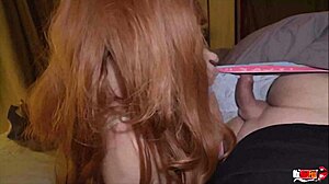 Reverse cowgirl redhead wife takes it in the ass for a creampie.