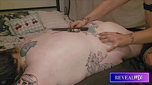 I reveal curvy babe massage with hot wax back tit drip fetish in tight pussy clothes ripped