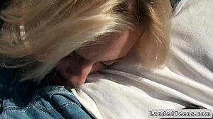 Czech blonde teen casually gives blowjob in car and fucks hitchhiker