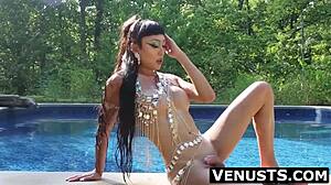 asian trans goddess venus lux jerks off her big cock at private pool making it spray jizz in solo fetish play