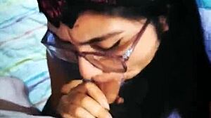 Brunette Latina Amateur Babe Gives Extreme Blowjob and Cum on Her Long Hair with Glasses