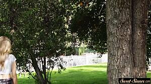 Classy teen 18+ fucking outdoors in missionary position