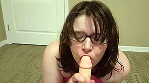 Oiled Canadian in glasses rides cowgirl with anal toys but skips intense pussy action