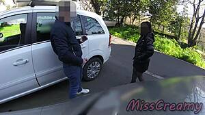 Dick flash on street leads to blowjob and cum in mouth with bystanders close for extreme voyeurism. Misscreamy handles the risky outdoor cfnm action.