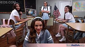 Four teen students bend over for petite tits licking and group banging in classroom. Sex ed teacher drills their tight pussies during practice session.