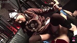 Brunette takes big cock in reverse cowgirl position with stockings deepthroat orgasm cum in mouth