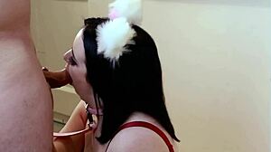 Submissive teen in stockings and lingerie eats cum from bowl after deepthroat gloryhole action