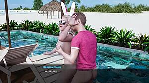 In this gameplay episode, blonde milf with big tits gives blowjob and gets fucked on beach