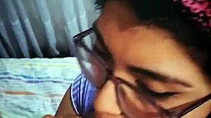 Brunette Latina Amateur Babe Gives Extreme Blowjob and Cum on Her Long Hair with Glasses