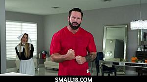 Tiny perfect body blonde teen in braces seduces guy