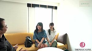 manami, the cute asian store clerk picked up in shibuya, dives into a squirting orgasm threesome with older men, riding cowgirl and getting fingered in the shop.