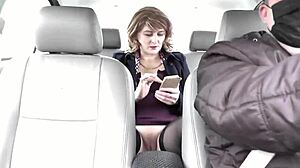 sexy blonde milf lifts skirt no panties for taxi driver pussy play and wet lips close-up