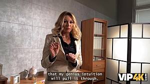 yo, busty blonde milf karina king shakes her fake tits to settle office boss debt pov