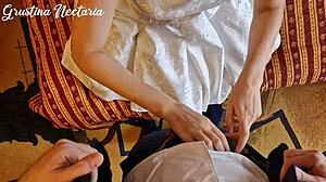 Skinny tanned bride with small waist enjoys first post-wedding doggystyle sex in bedroom