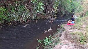 strangers rip clothes for wet pussy licking at the waterfall